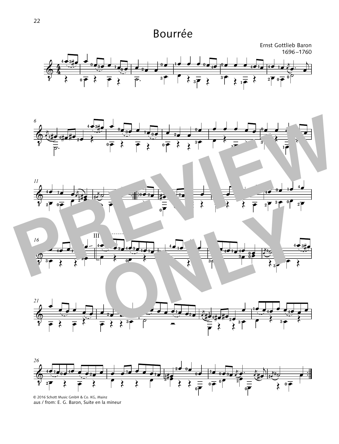 Ernst Gottlieb Baron Bourree Sheet Music Notes & Chords for Solo Guitar - Download or Print PDF