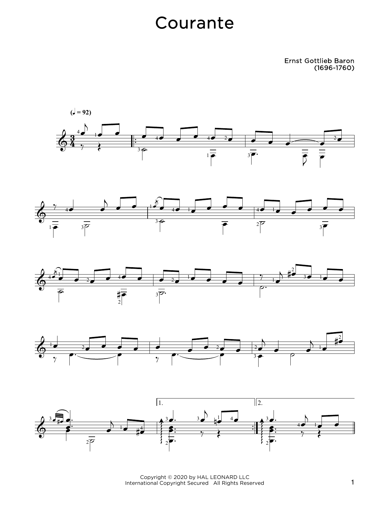 Ernst Gottlieb Baron Courante Sheet Music Notes & Chords for Solo Guitar - Download or Print PDF