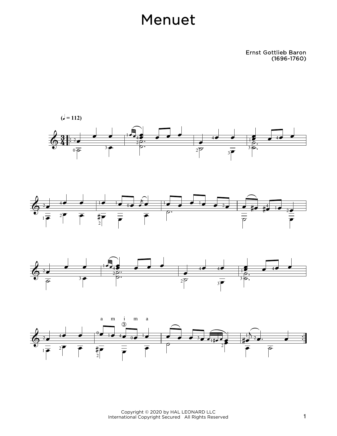 Ernst Gottlieb Baron Menuet Sheet Music Notes & Chords for Solo Guitar - Download or Print PDF