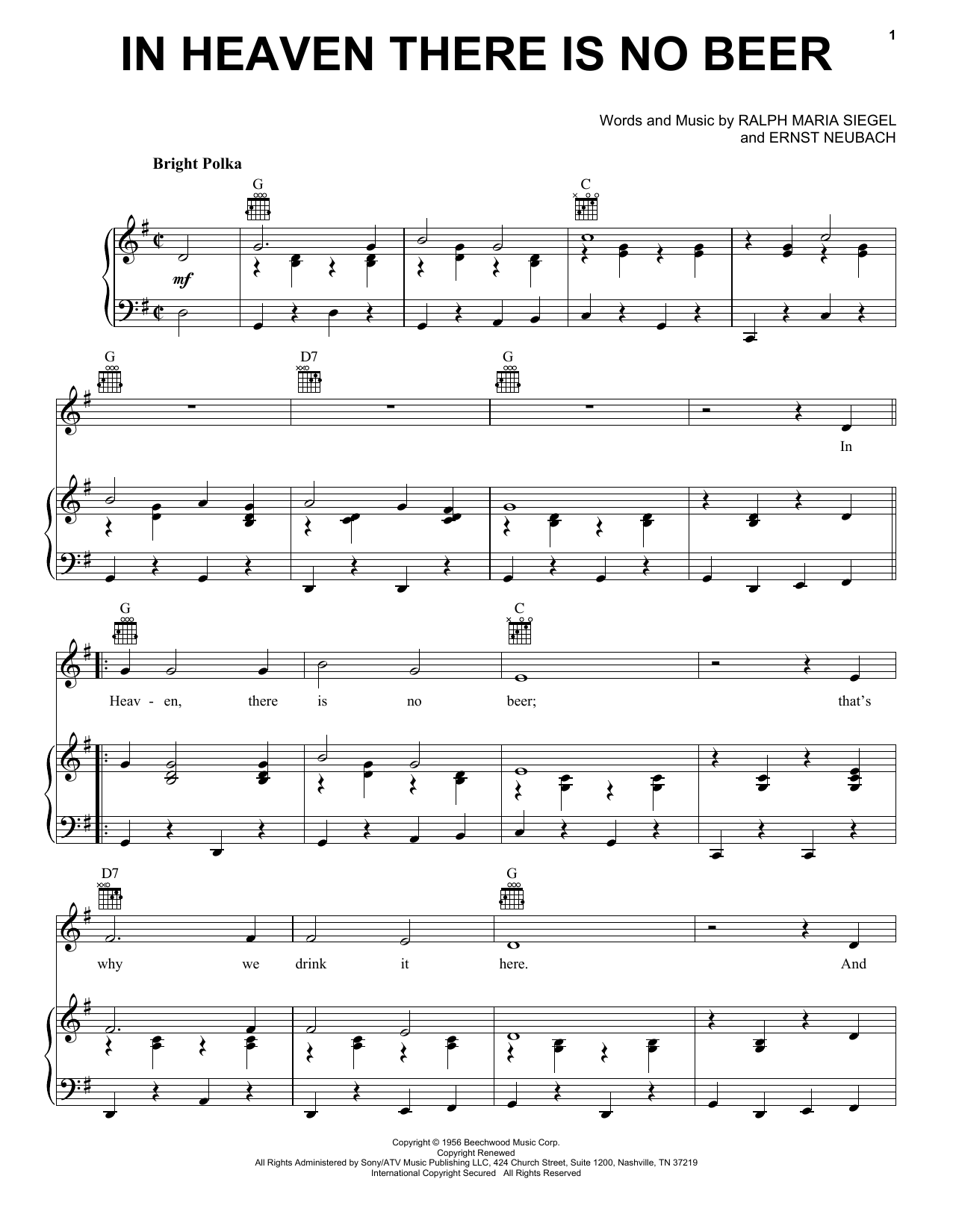 Ernst Neubach In Heaven There Is No Beer Sheet Music Notes & Chords for Piano, Vocal & Guitar (Right-Hand Melody) - Download or Print PDF Ernst Neubach In Heaven There Is No Beer Sheet Music Notes & Chords for Piano, Vocal & Guitar (Right-Hand Melody) - Download or Print PDF