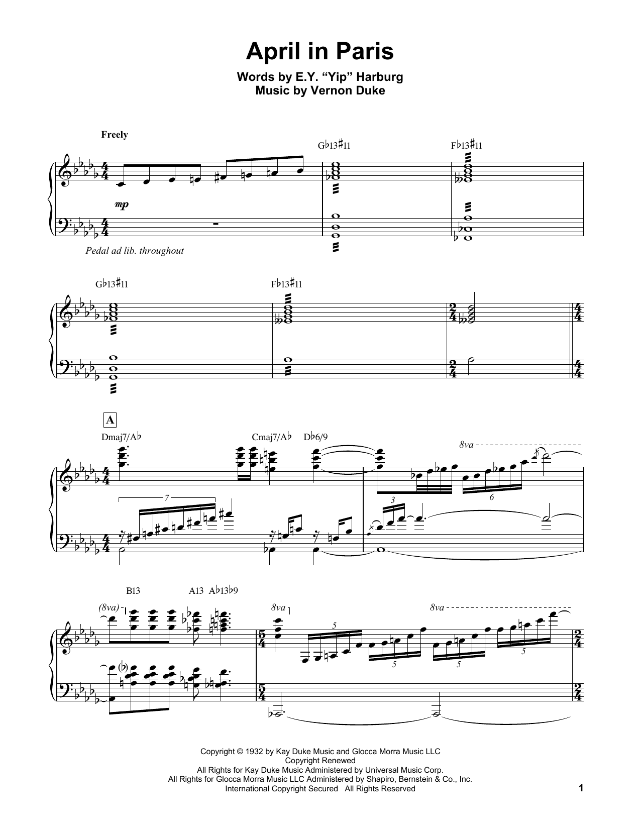 Erroll Garner April In Paris Sheet Music Notes & Chords for Piano Transcription - Download or Print PDF