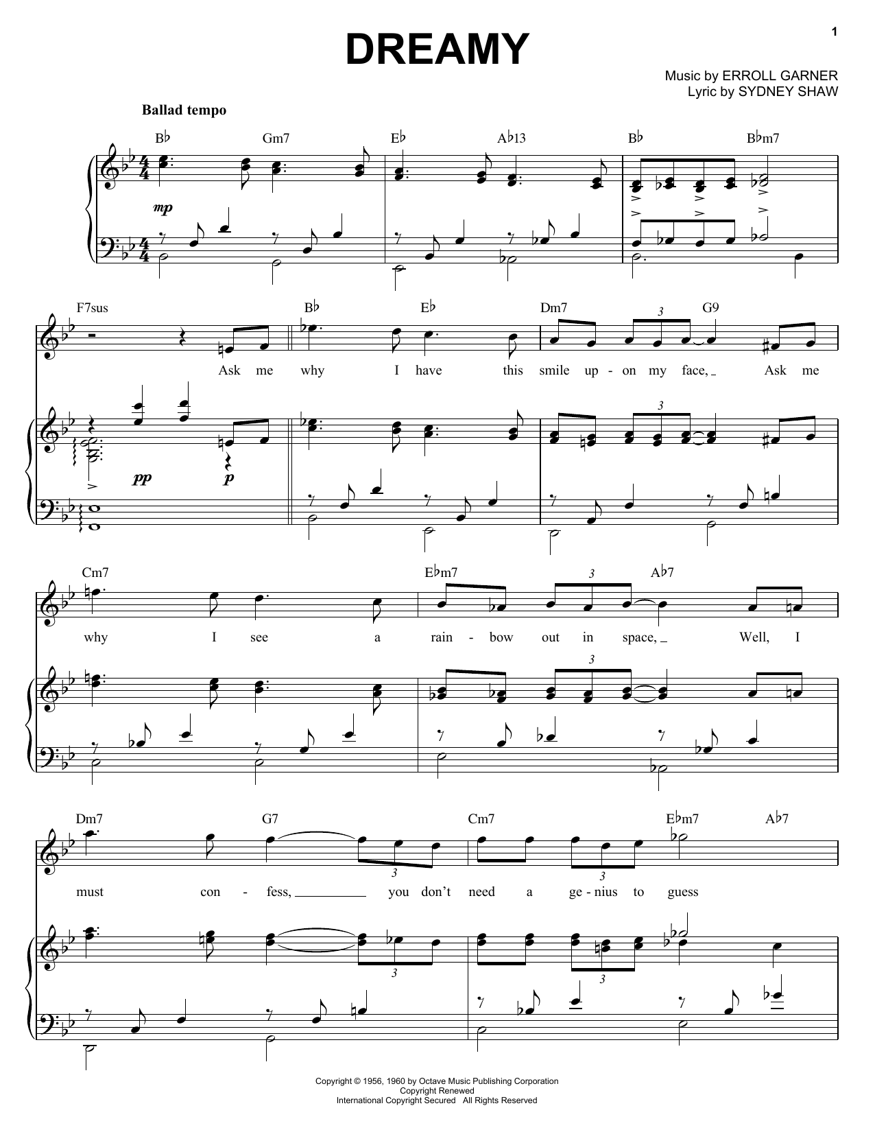 Erroll Garner Dreamy Sheet Music Notes & Chords for Piano, Vocal & Guitar (Right-Hand Melody) - Download or Print PDF