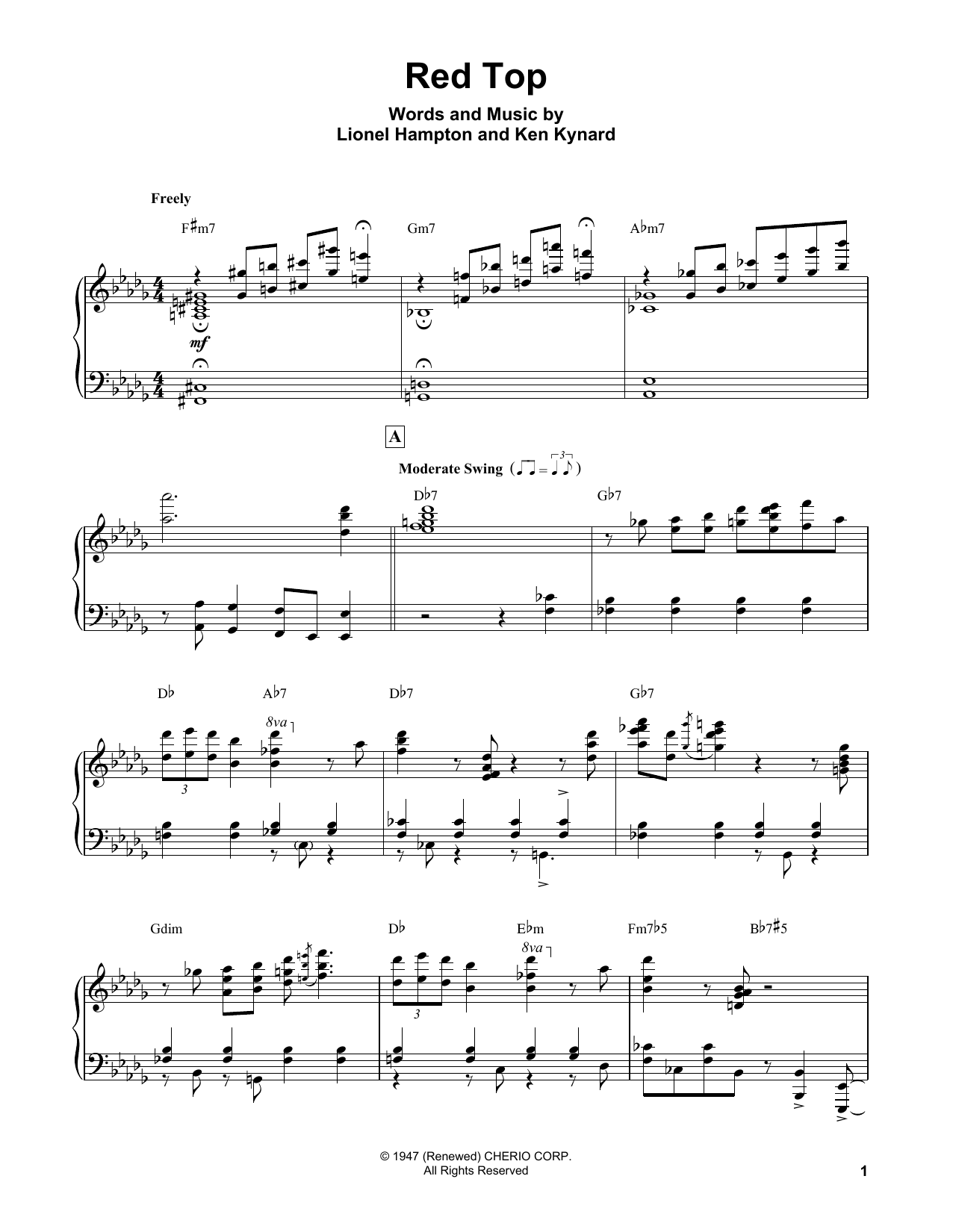 Erroll Garner Red Top Sheet Music Notes & Chords for Piano Transcription - Download or Print PDF