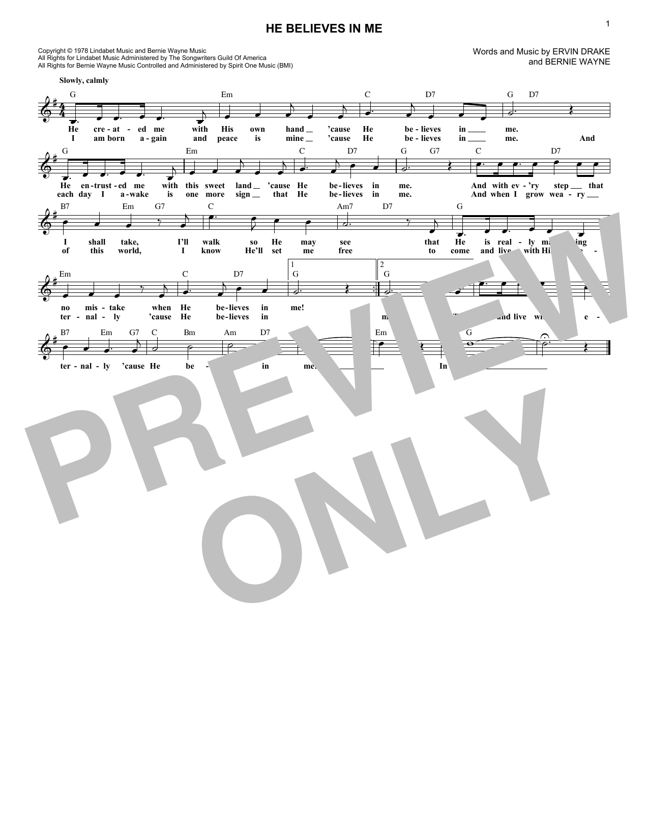 Ervin Drake He Believes In Me Sheet Music Notes & Chords for Melody Line, Lyrics & Chords - Download or Print PDF