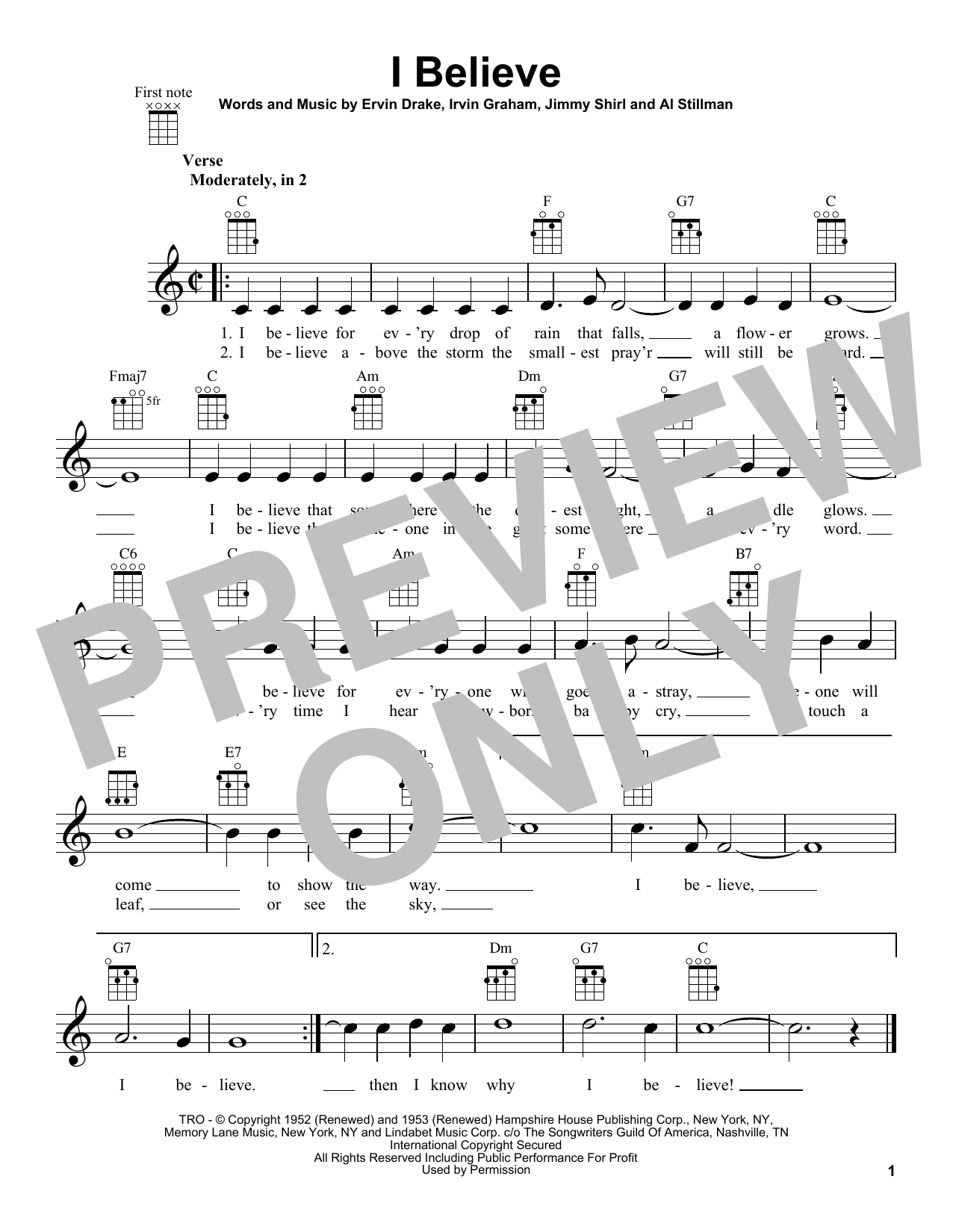 Ervin Drake I Believe Sheet Music Notes & Chords for Easy Piano - Download or Print PDF