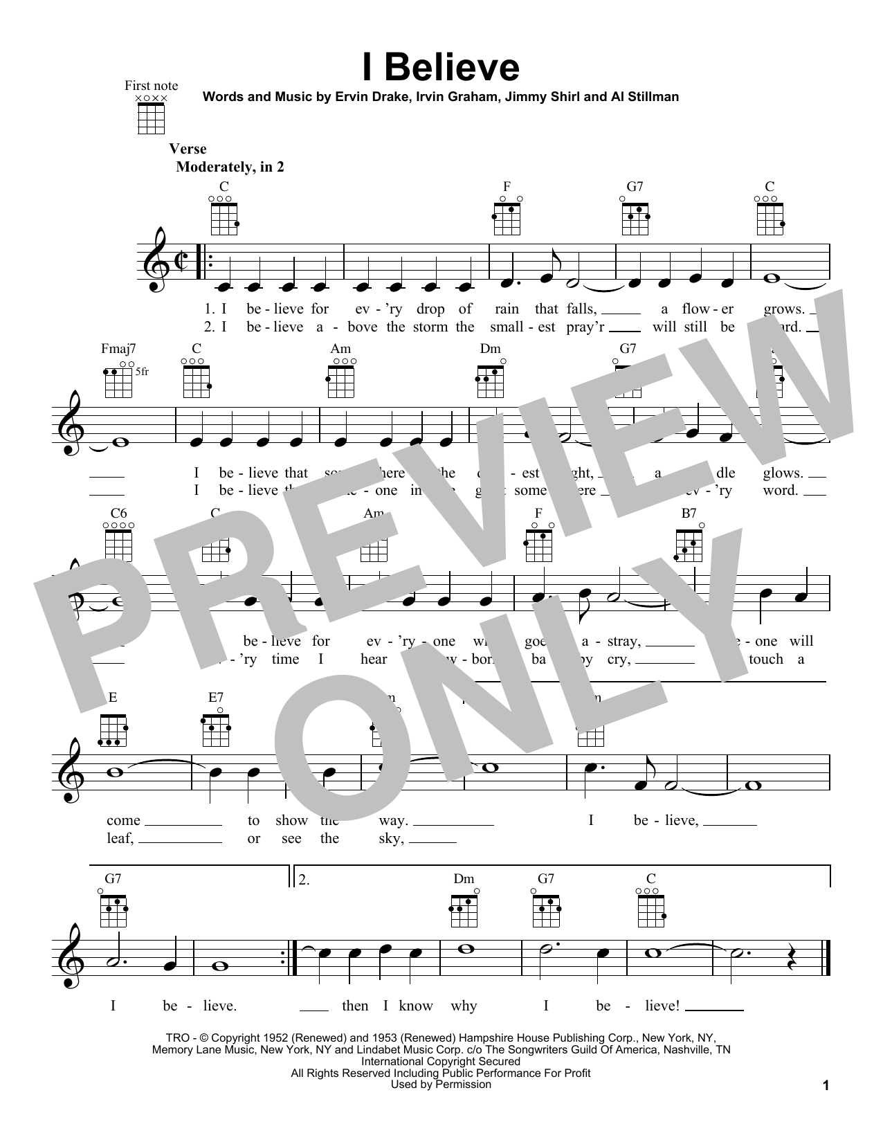 Ervin Drake I Believe Sheet Music Notes & Chords for Ukulele - Download or Print PDF