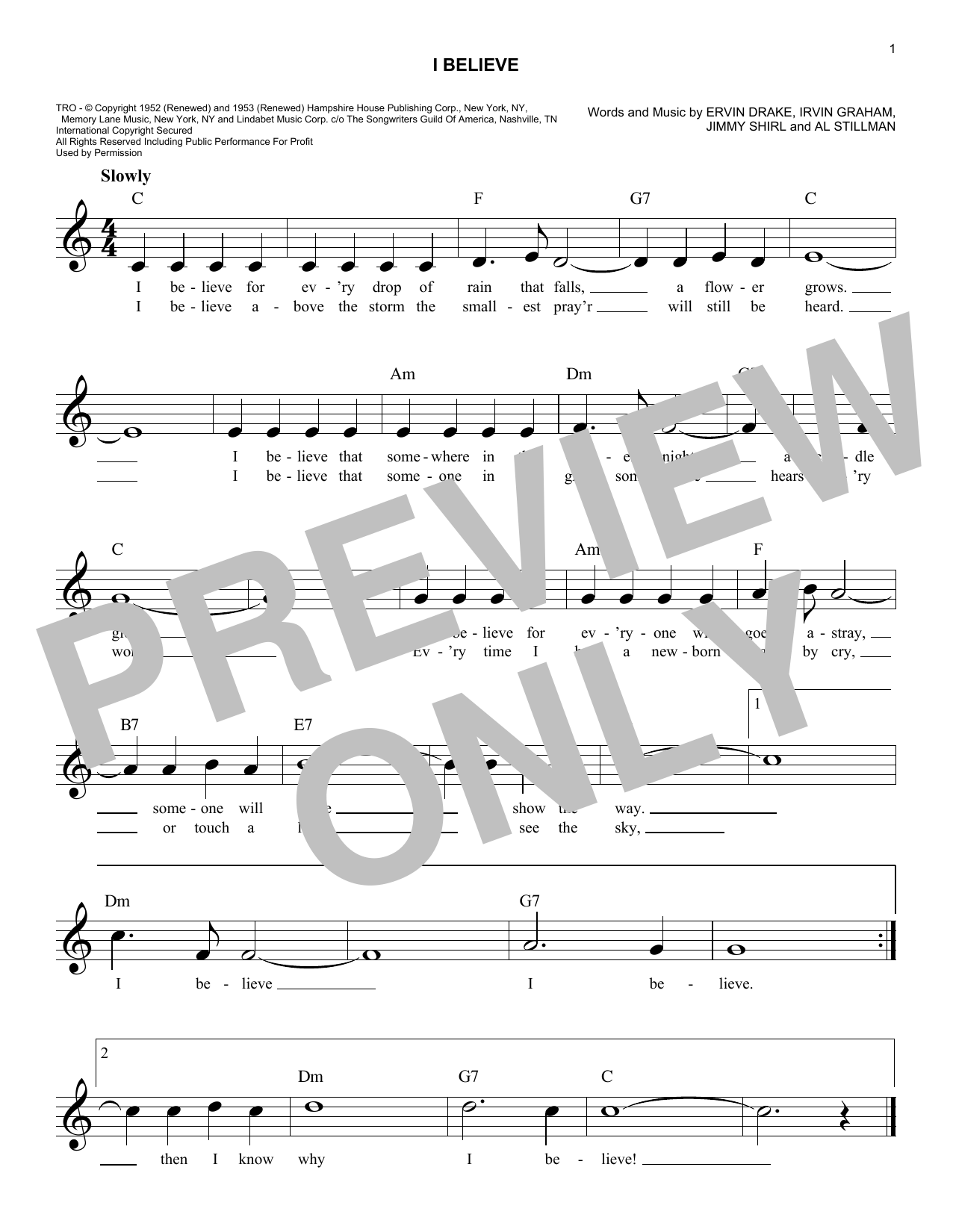 Ervin Drake, Irvin Graham, Jimmy Shirl and Al Stillman I Believe Sheet Music Notes & Chords for Lead Sheet / Fake Book - Download or Print PDF