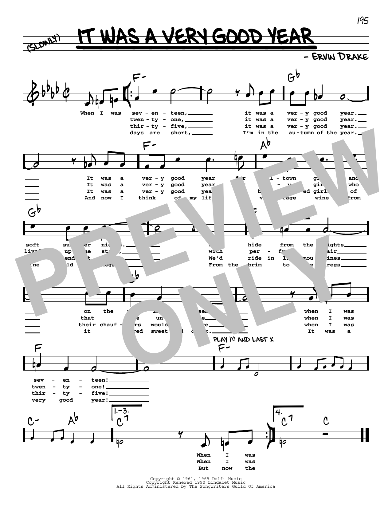 Ervin Drake It Was A Very Good Year (High Voice) Sheet Music Notes & Chords for Real Book – Melody, Lyrics & Chords - Download or Print PDF