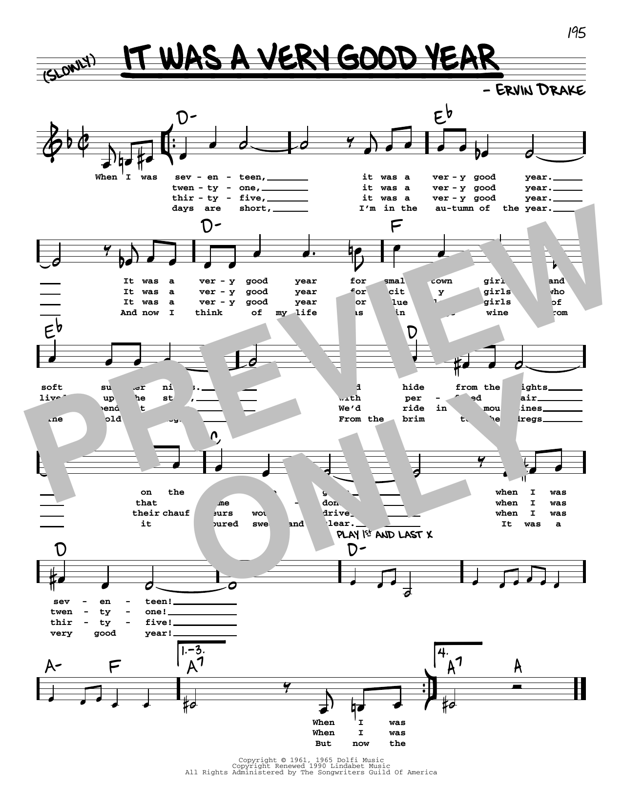 Ervin Drake It Was A Very Good Year (Low Voice) Sheet Music Notes & Chords for Real Book – Melody, Lyrics & Chords - Download or Print PDF