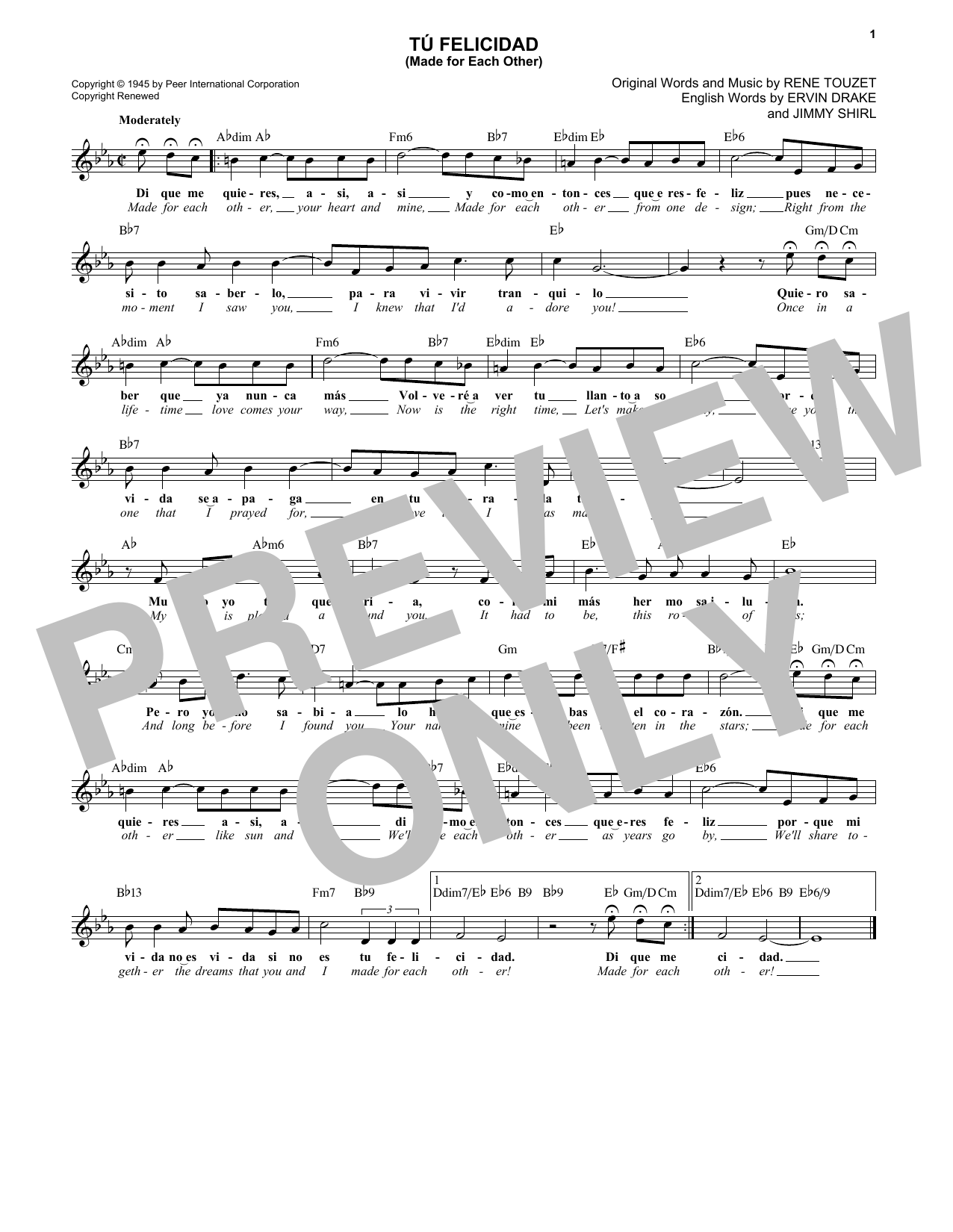 Ervin Drake Tu Felicidad (Made For Each Other) Sheet Music Notes & Chords for Melody Line, Lyrics & Chords - Download or Print PDF