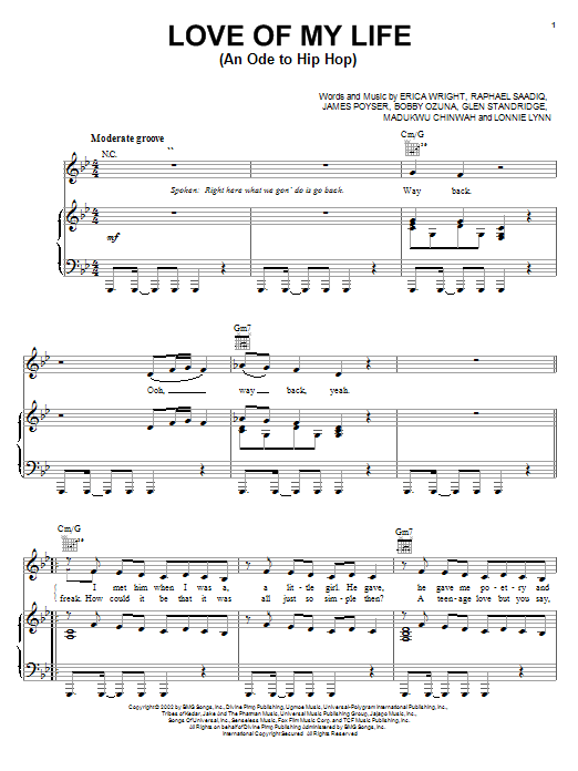 Preview Erykah Badu Love Of My Life (An Ode To Hip Hop) Pop sheet music, notes and chords for Piano, Vocal & Guitar (Right-Hand Melody), SKU: 21869 Love Of My Life (An Ode To Hip Hop) sheet music