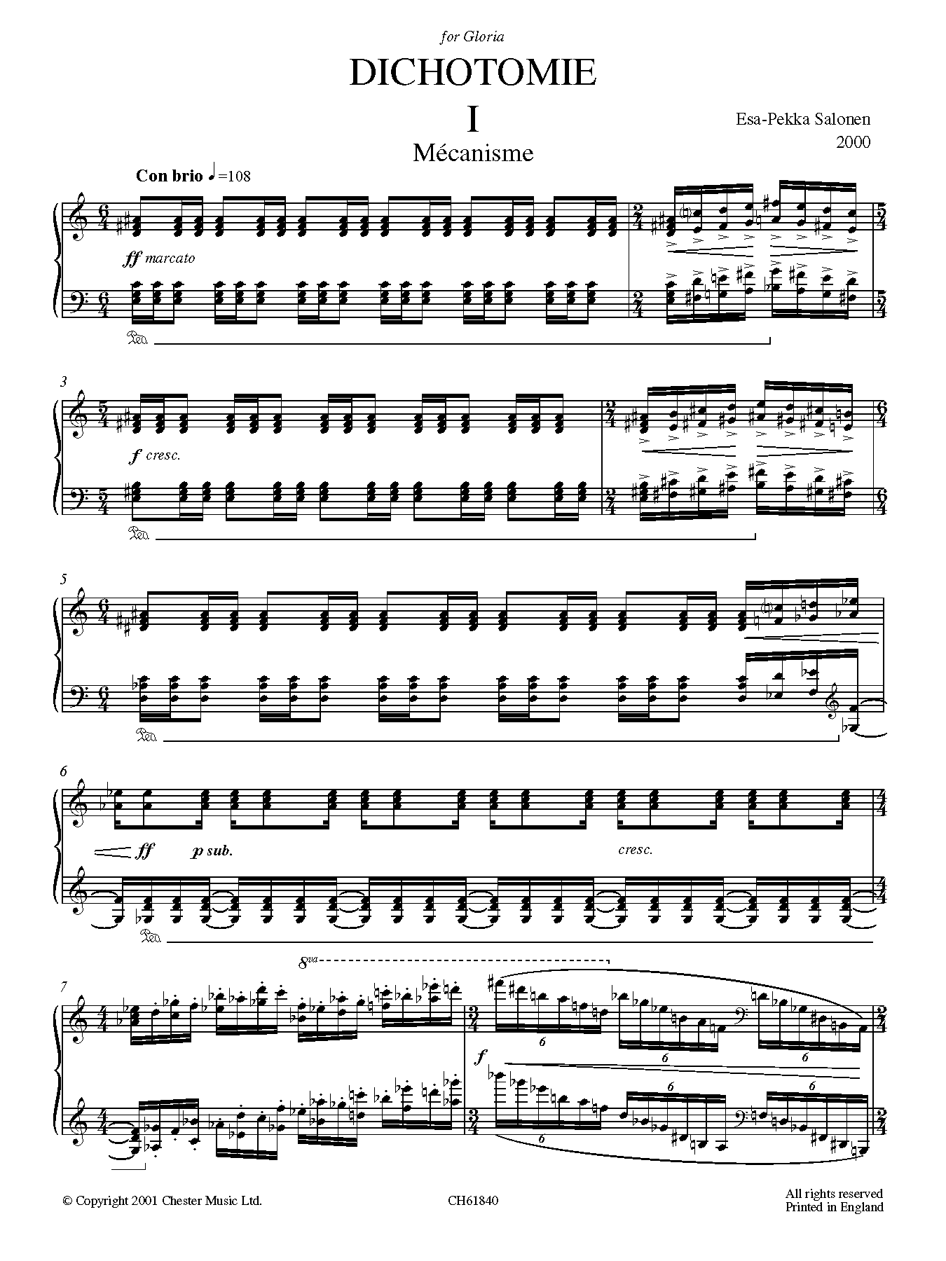 Esa-Pekka Salonen Dichotomie I - Méchanisme Sheet Music Notes & Chords for Piano - Download or Print PDF