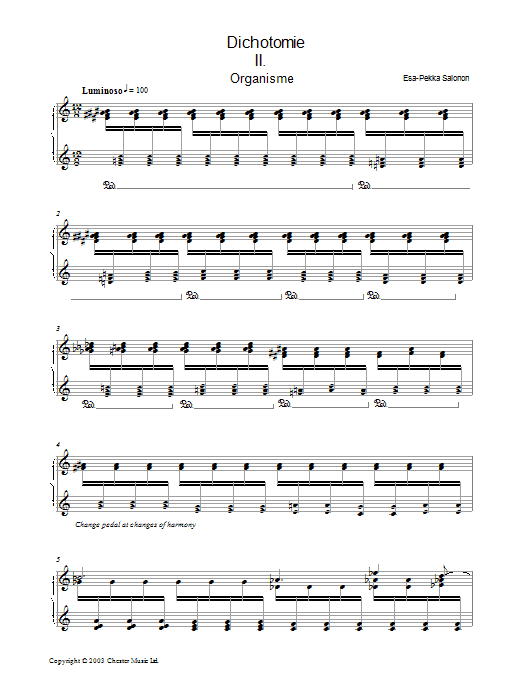 Esa-Pekka Salonen Dichotomie II - Organisme Sheet Music Notes & Chords for Piano - Download or Print PDF