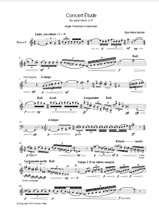 Preview Esa-Pekka Salonen Concert Etude For Solo Horn In F Classical sheet music, notes and chords for French Horn, SKU: 37442 Concert Etude For Solo Horn In F sheet music