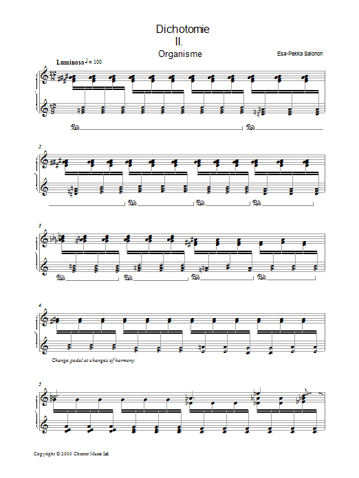 Preview Esa-Pekka Salonen Dichotomie II - Organisme Classical sheet music, notes and chords for Piano, SKU: 37509 Dichotomie II - Organisme sheet music