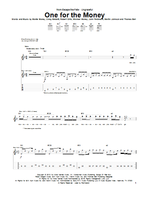 Escape the Fate One For The Money Sheet Music Notes & Chords for Guitar Tab - Download or Print PDF