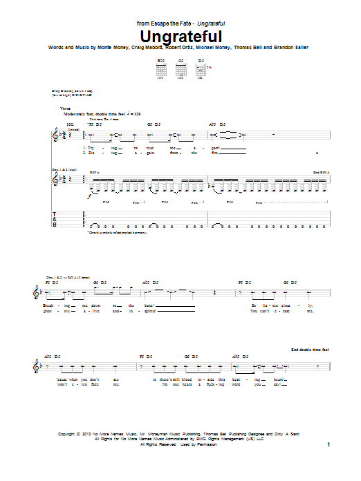 Escape the Fate Ungrateful Sheet Music Notes & Chords for Guitar Tab - Download or Print PDF