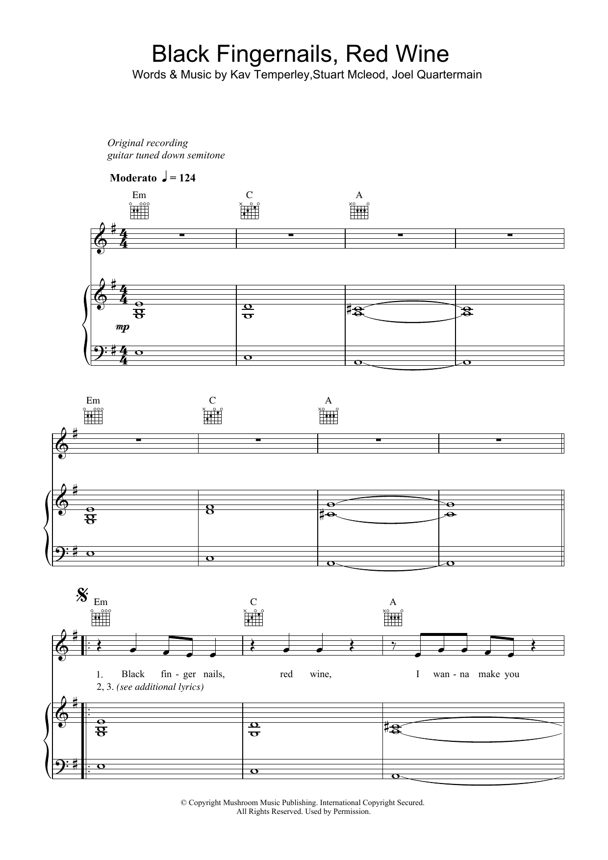 Eskimo Joe Black Fingernails, Red Wine Sheet Music Notes & Chords for Piano, Vocal & Guitar - Download or Print PDF