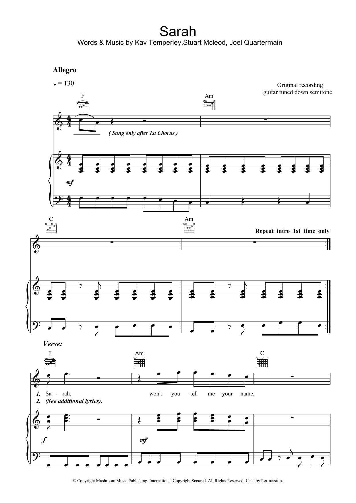 Eskimo Joe Sarah Sheet Music Notes & Chords for Piano, Vocal & Guitar (Right-Hand Melody) - Download or Print PDF