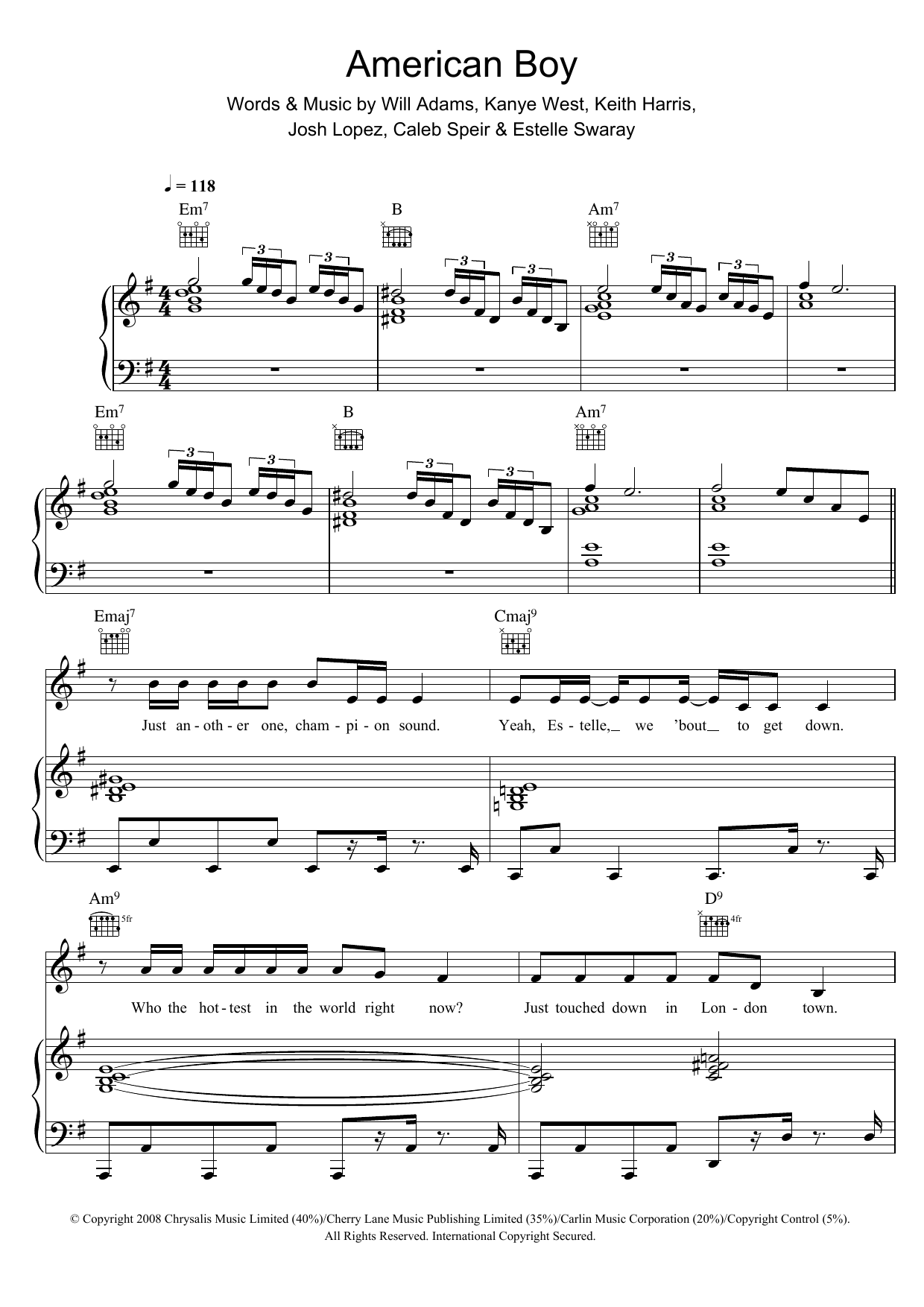 Estelle American Boy (featuring Kanye West) Sheet Music Notes & Chords for Piano, Vocal & Guitar - Download or Print PDF