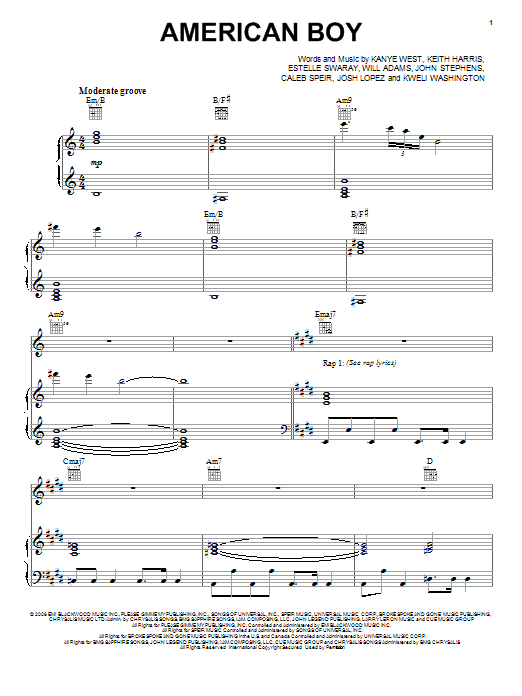 Estelle featuring Kanye West American Boy Sheet Music Notes & Chords for Piano, Vocal & Guitar (Right-Hand Melody) - Download or Print PDF
