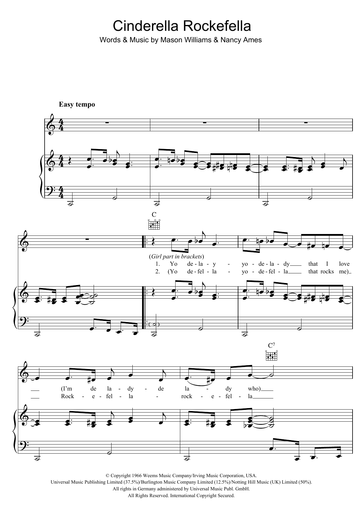 Esther & Abi Ofarim Cinderella Rockefella Sheet Music Notes & Chords for Piano, Vocal & Guitar (Right-Hand Melody) - Download or Print PDF