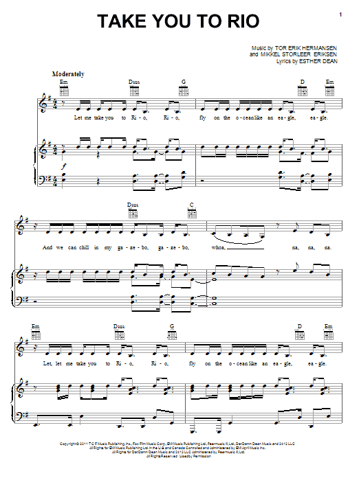 Preview Esther Dean Take You To Rio Children sheet music, notes and chords for Piano, Vocal & Guitar (Right-Hand Melody), SKU: 82276 Take You To Rio sheet music
