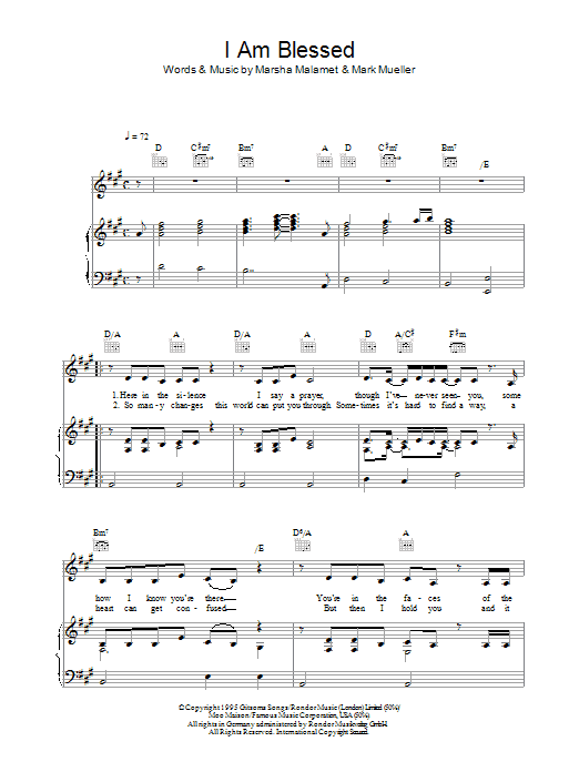 Preview Eternal I Am Blessed Pop sheet music, notes and chords for Piano, Vocal & Guitar (Right-Hand Melody), SKU: 49319 I Am Blessed sheet music