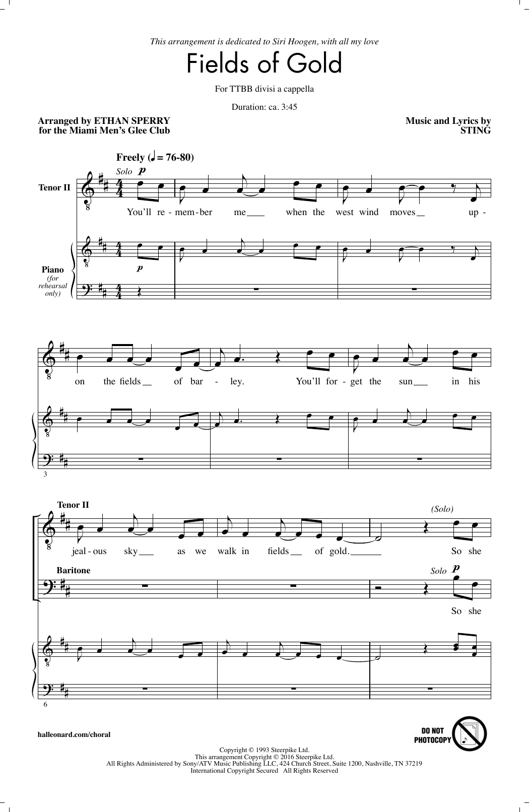 Sting Fields Of Gold (arr. Ethan Sperry) Sheet Music Notes & Chords for TTBB - Download or Print PDF