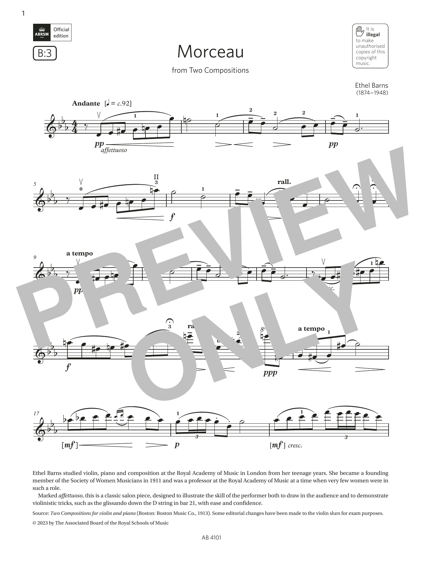 Ethel Barns Morceau (Grade 7, B3, from the ABRSM Violin Syllabus from 2024) Sheet Music Notes & Chords for Violin Solo - Download or Print PDF