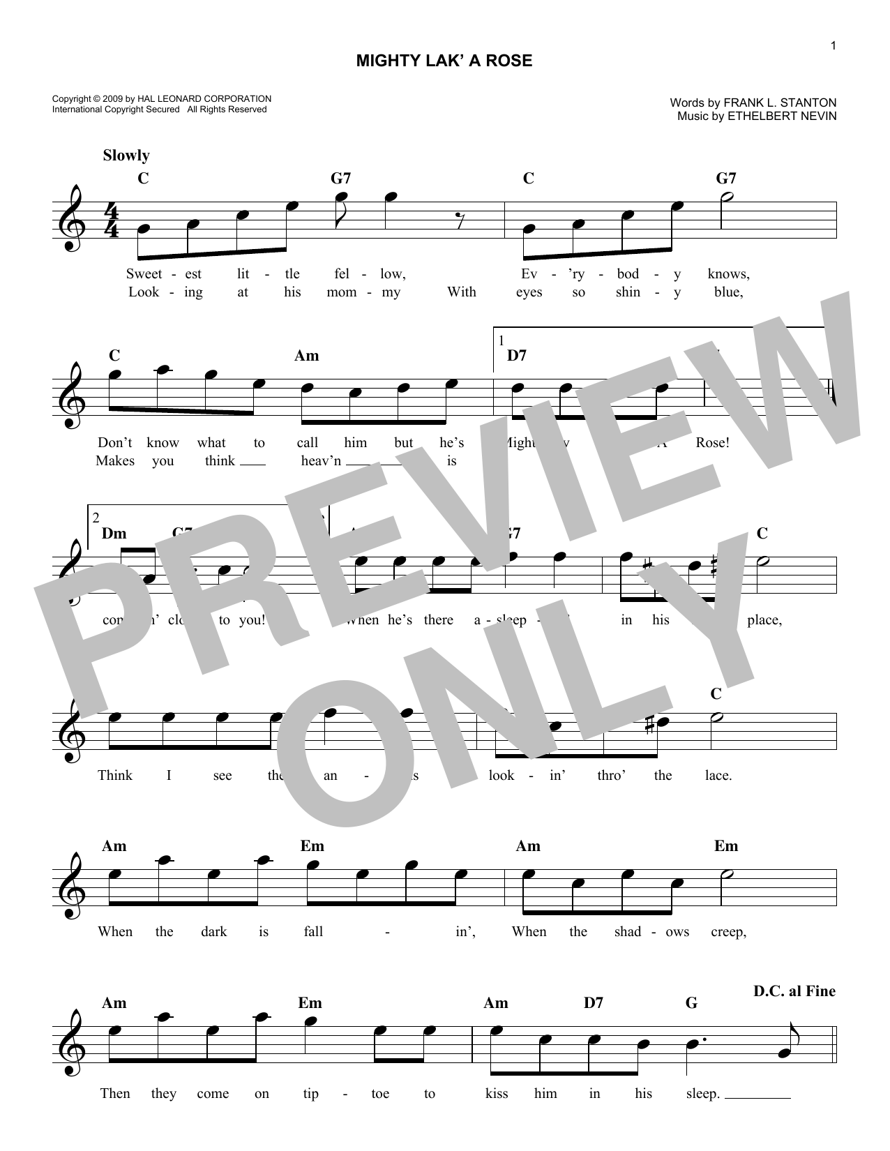 Ethelbert Nevin Mighty Lak' A Rose Sheet Music Notes & Chords for Melody Line, Lyrics & Chords - Download or Print PDF