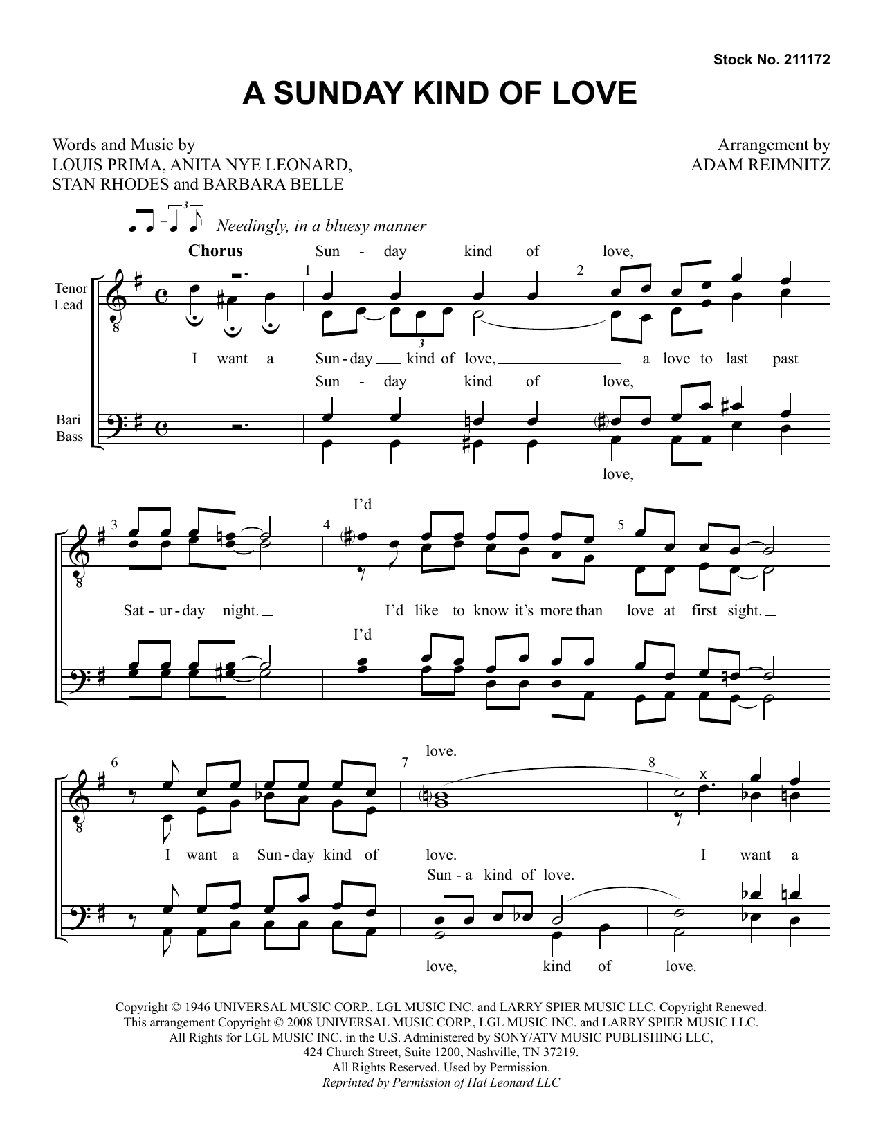 Etta James A Sunday Kind of Love (arr. Adam Reimnitz) Sheet Music Notes & Chords for TTBB Choir - Download or Print PDF