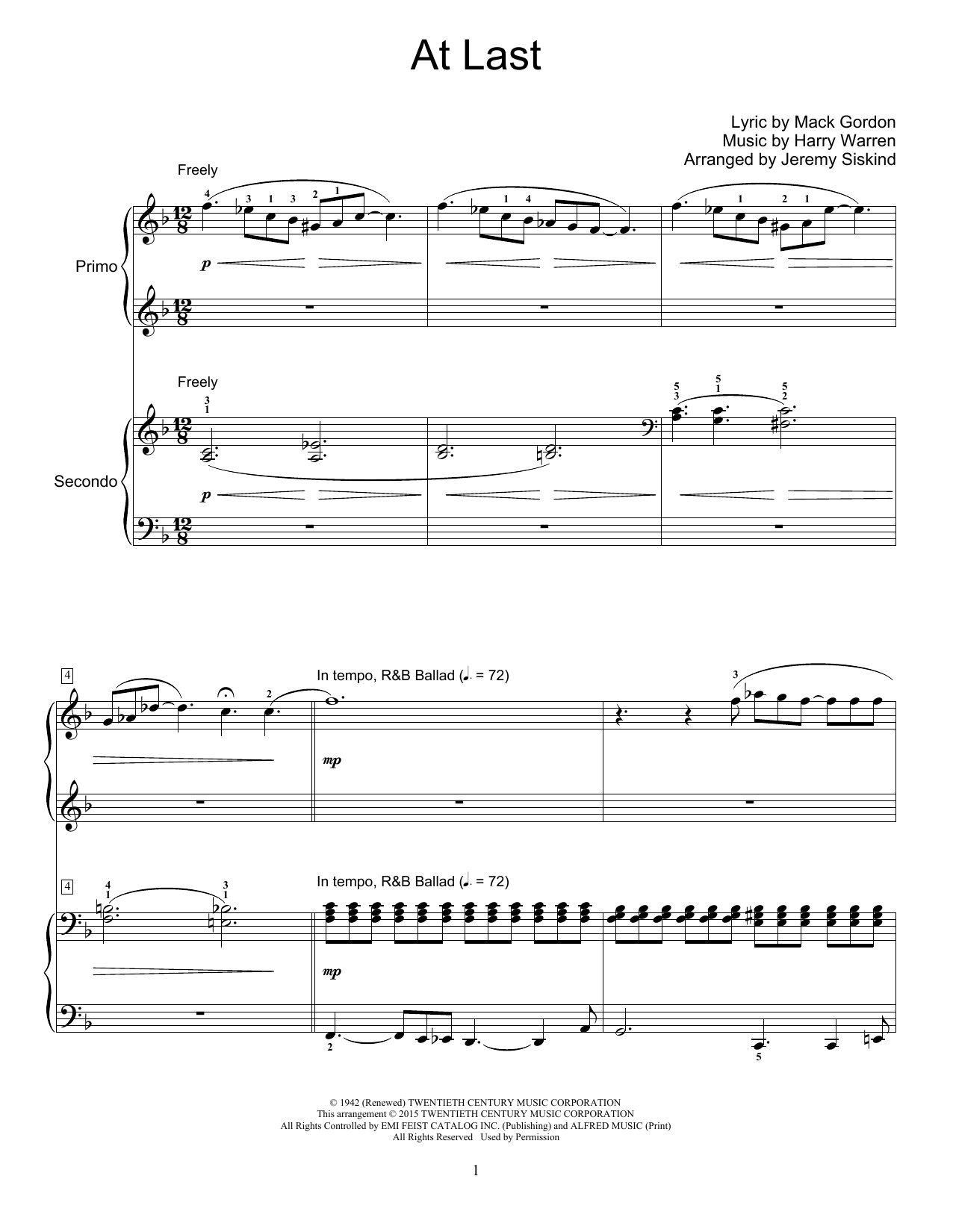 Etta James At Last (arr. Jeremy Siskind) Sheet Music Notes & Chords for Piano Duet - Download or Print PDF