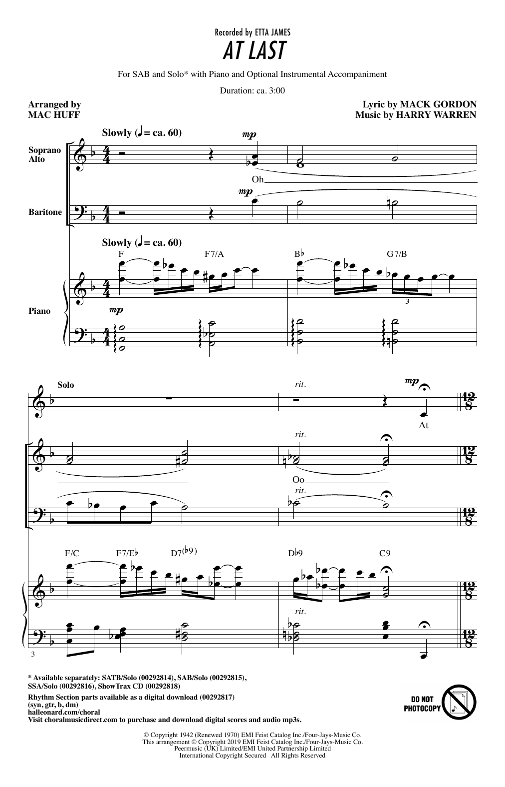Etta James At Last (arr. Mac Huff) Sheet Music Notes & Chords for SAB Choir - Download or Print PDF