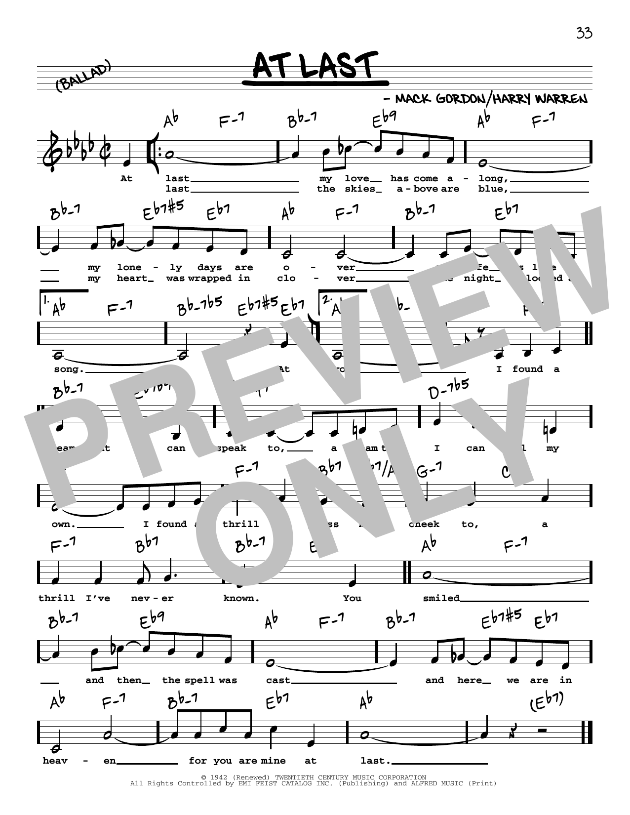 Etta James At Last (Low Voice) Sheet Music Notes & Chords for Real Book – Melody, Lyrics & Chords - Download or Print PDF