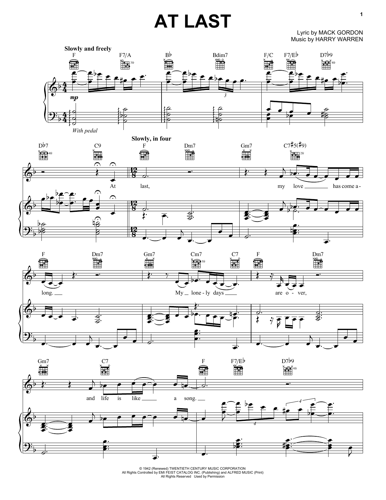 Etta James At Last Sheet Music Notes & Chords for Piano, Vocal & Guitar - Download or Print PDF