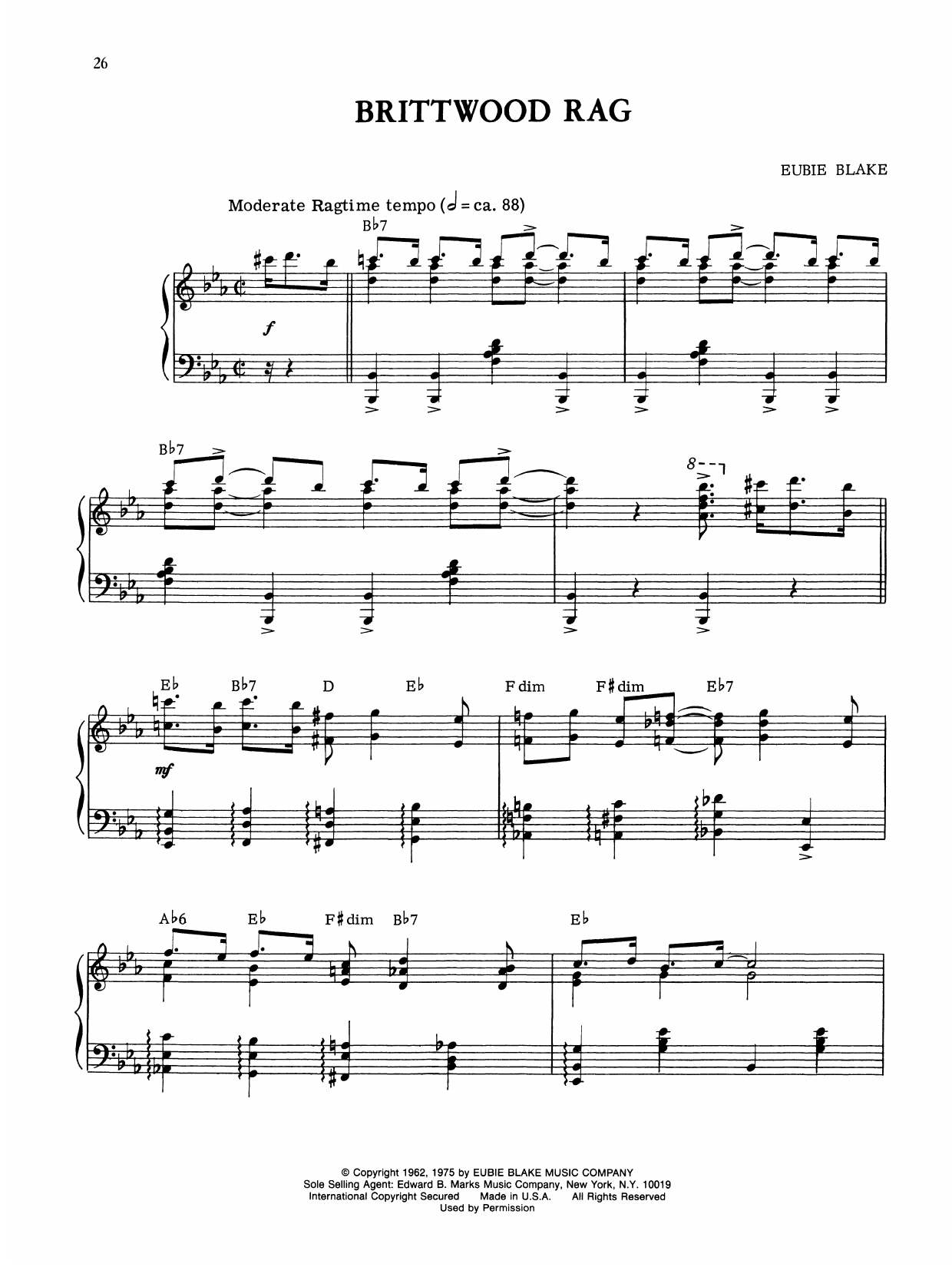 Eubie Blake Brittwood Rag Sheet Music Notes & Chords for Piano Solo - Download or Print PDF