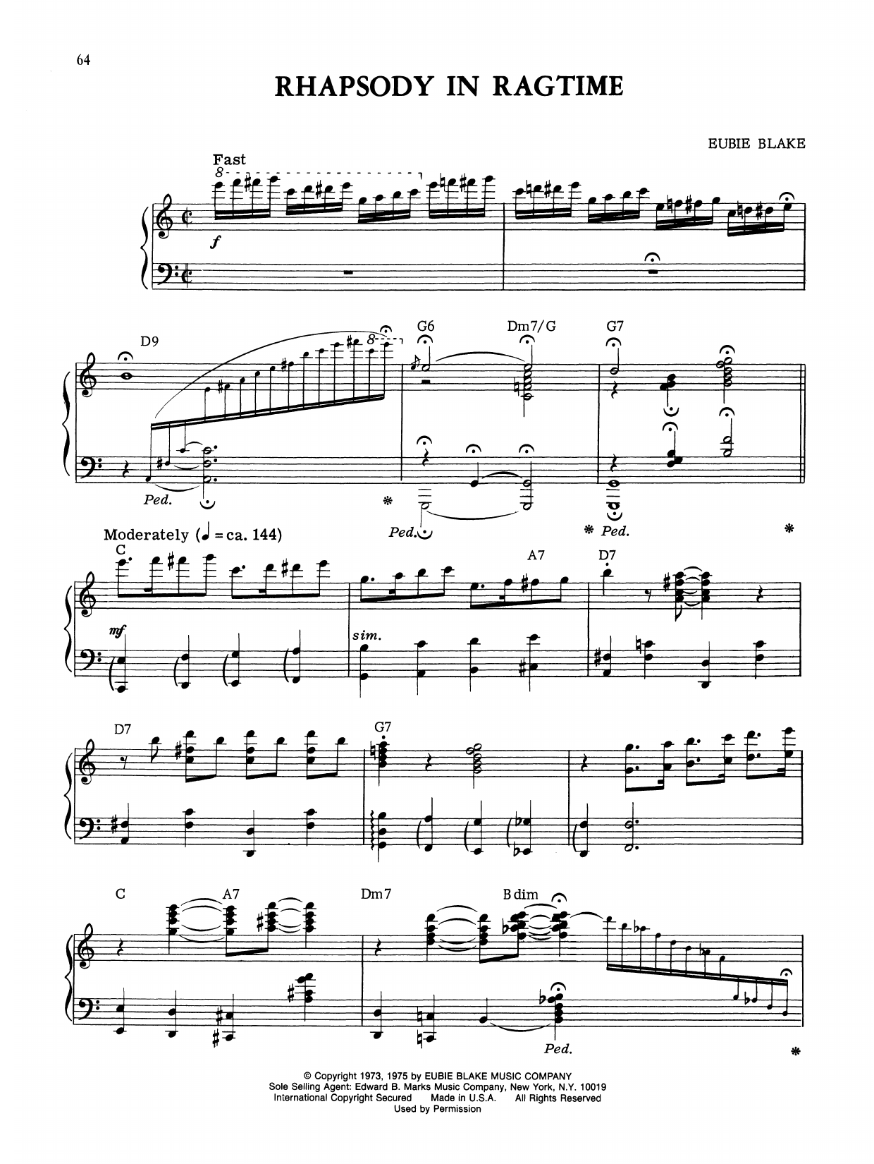 Eubie Blake Rhapsody In Ragtime Sheet Music Notes & Chords for Piano Solo - Download or Print PDF