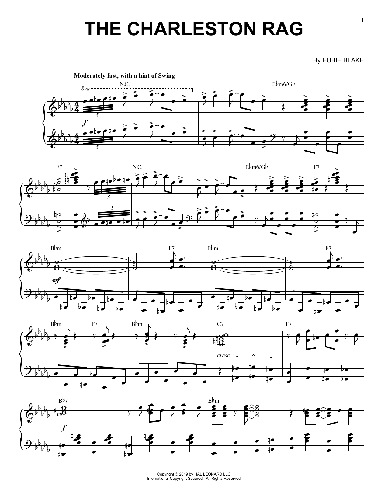 Eubie Blake The Charleston Rag [Jazz version] Sheet Music Notes & Chords for Piano Solo - Download or Print PDF