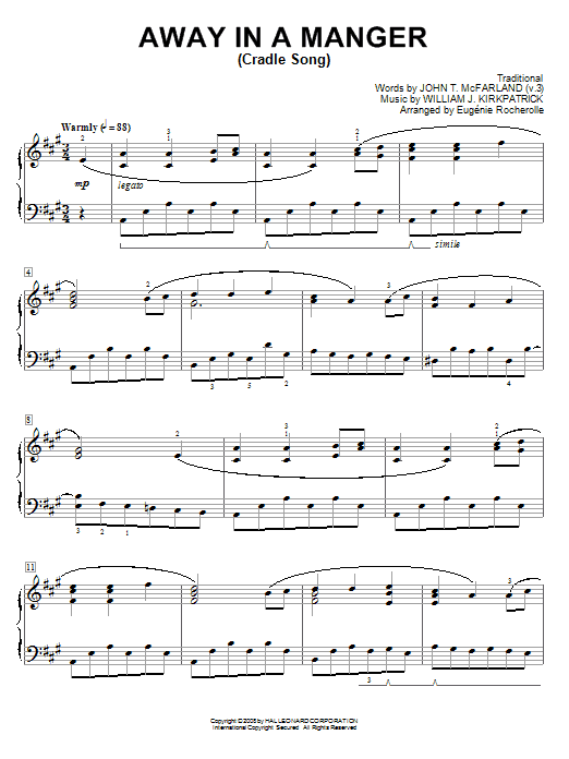 Preview Eugénie Rocherolle Away In A Manger Religious sheet music, notes and chords for Piano, SKU: 66637 sheet music, piano notes, chords, guitar tabs, score, transpose, transcribe, how to play, guide, download, learn, tutorial, progression, song, artist, awards, billboard, mtv, vh1, tour, single, album, release