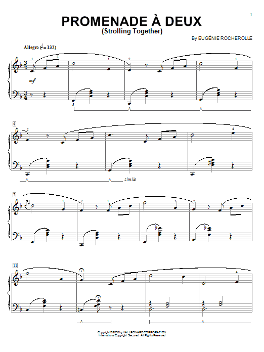 Preview Eugénie Rocherolle Promenade a Deux (Strolling Together) Classical sheet music, notes and chords for Piano, SKU: 63709 Promenade a Deux (Strolling Together) sheet music