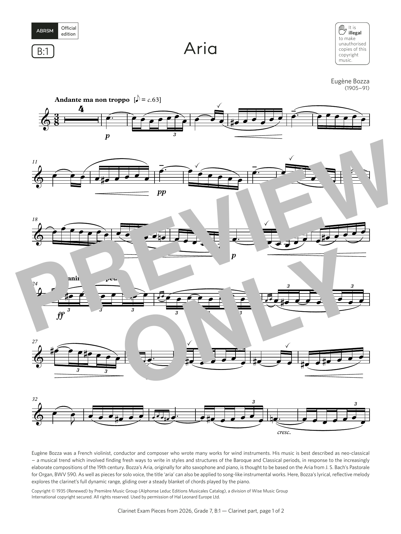 Eugène Bozza Aria (Grade 7, list B1, from the ABRSM Clarinet Syllabus from 2026) Sheet Music Notes & Chords for Clarinet Solo - Download or Print PDF Eugène Bozza Aria (Grade 7, list B1, from the ABRSM Clarinet Syllabus from 2026) Sheet Music Notes & Chords for Clarinet Solo - Download or Print PDF