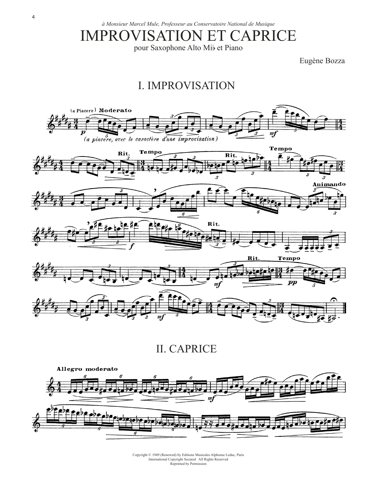 Eugène Bozza Improvisation Et Caprice Sheet Music Notes & Chords for Alto Sax Solo - Download or Print PDF