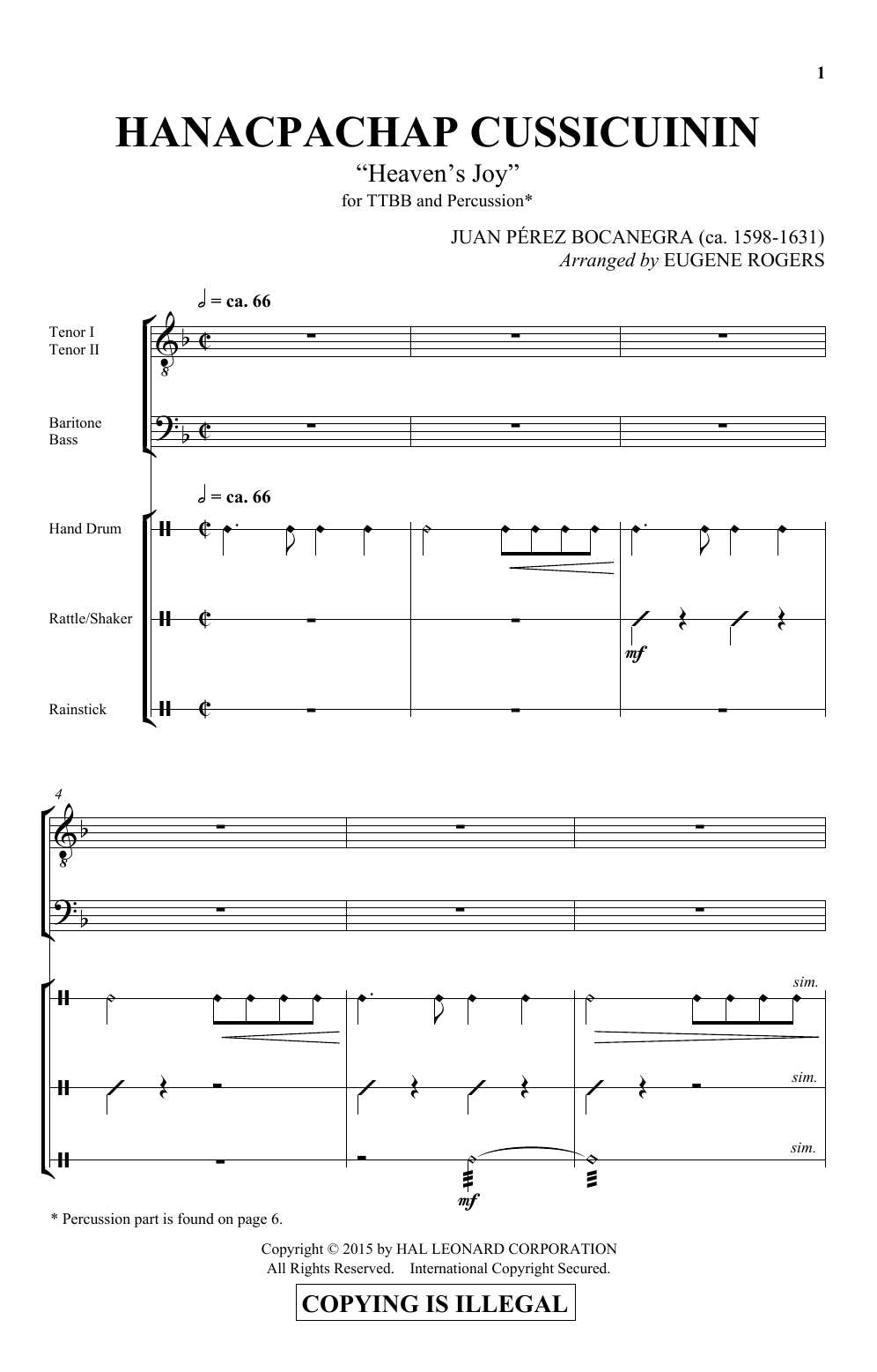 Eugene Rogers Hanacpachap Cussicuinin Sheet Music Notes & Chords for Percussion - Download or Print PDF