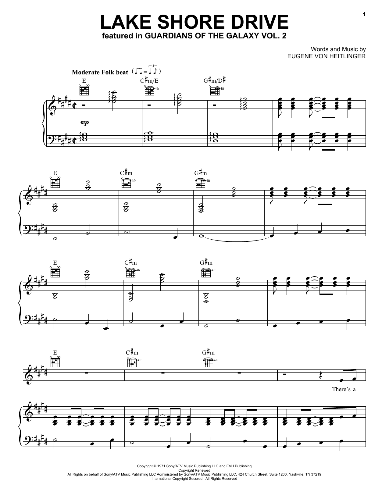 Preview Eugene Von Heitlinger Lake Shore Drive Pop sheet music, notes and chords for Piano, Vocal & Guitar (Right-Hand Melody), SKU: 185146 Lake Shore Drive sheet music