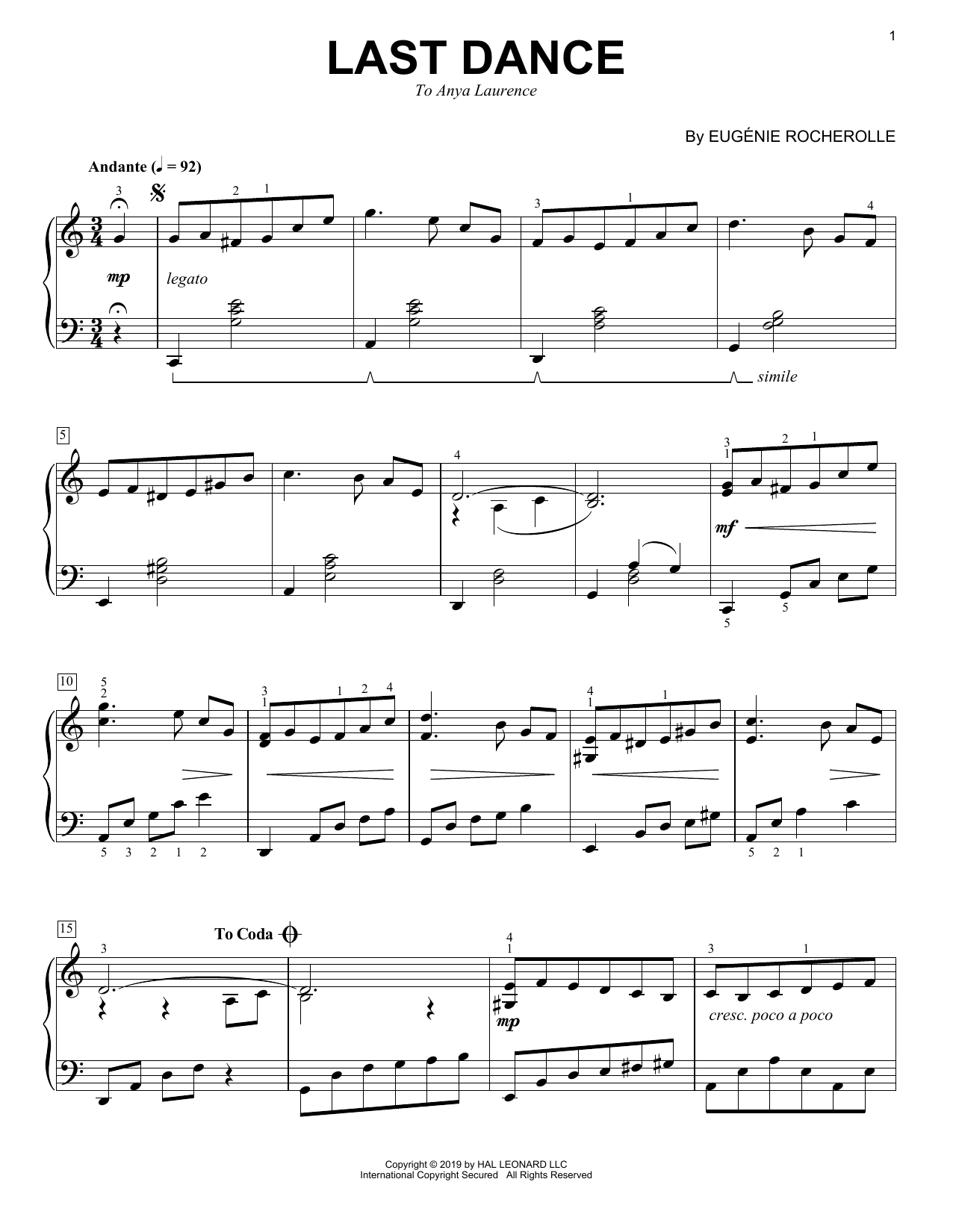 Eugénie Rocherolle Last Dance Sheet Music Notes & Chords for Piano Solo - Download or Print PDF