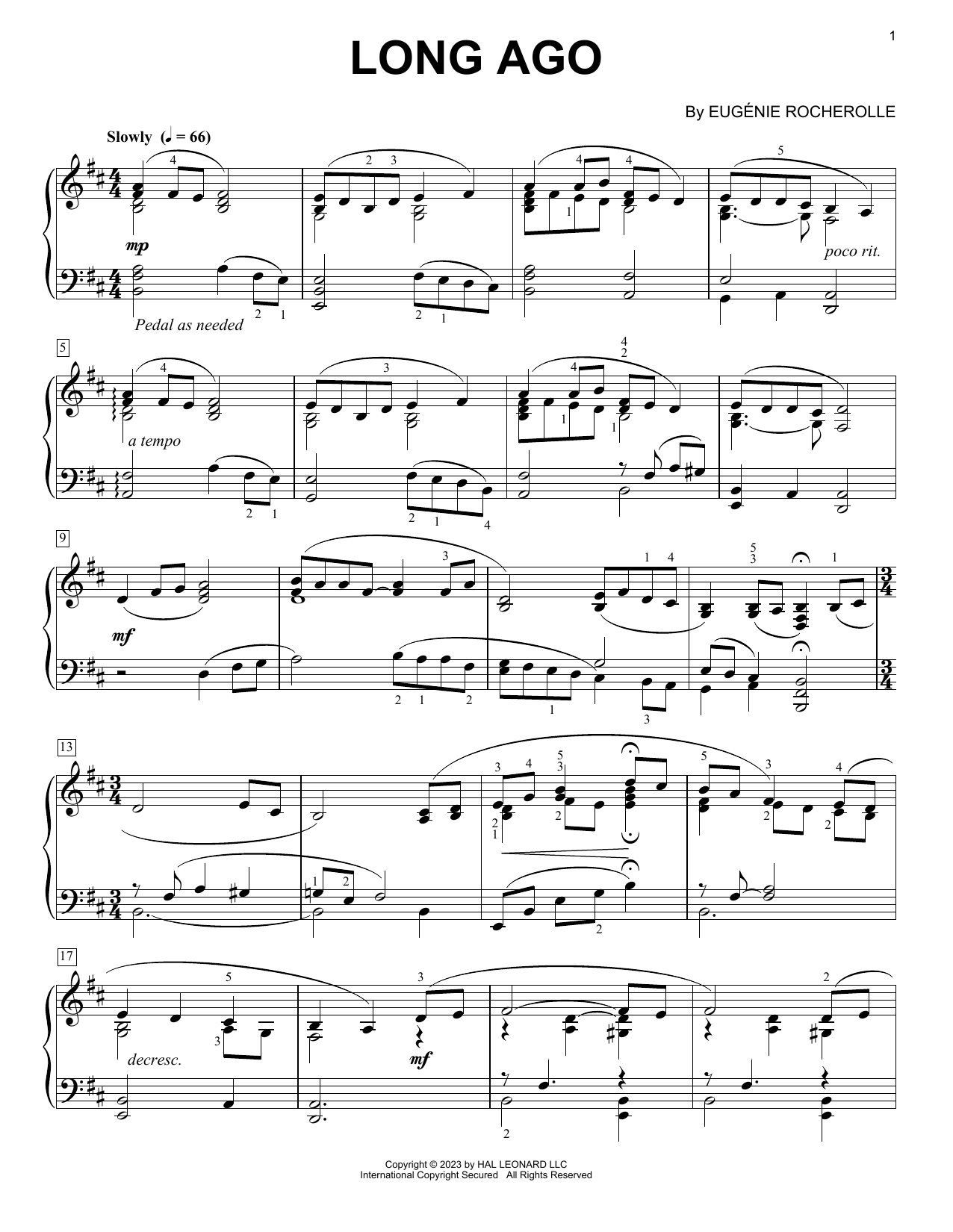 Eugénie Rocherolle Long Ago Sheet Music Notes & Chords for Piano Solo - Download or Print PDF