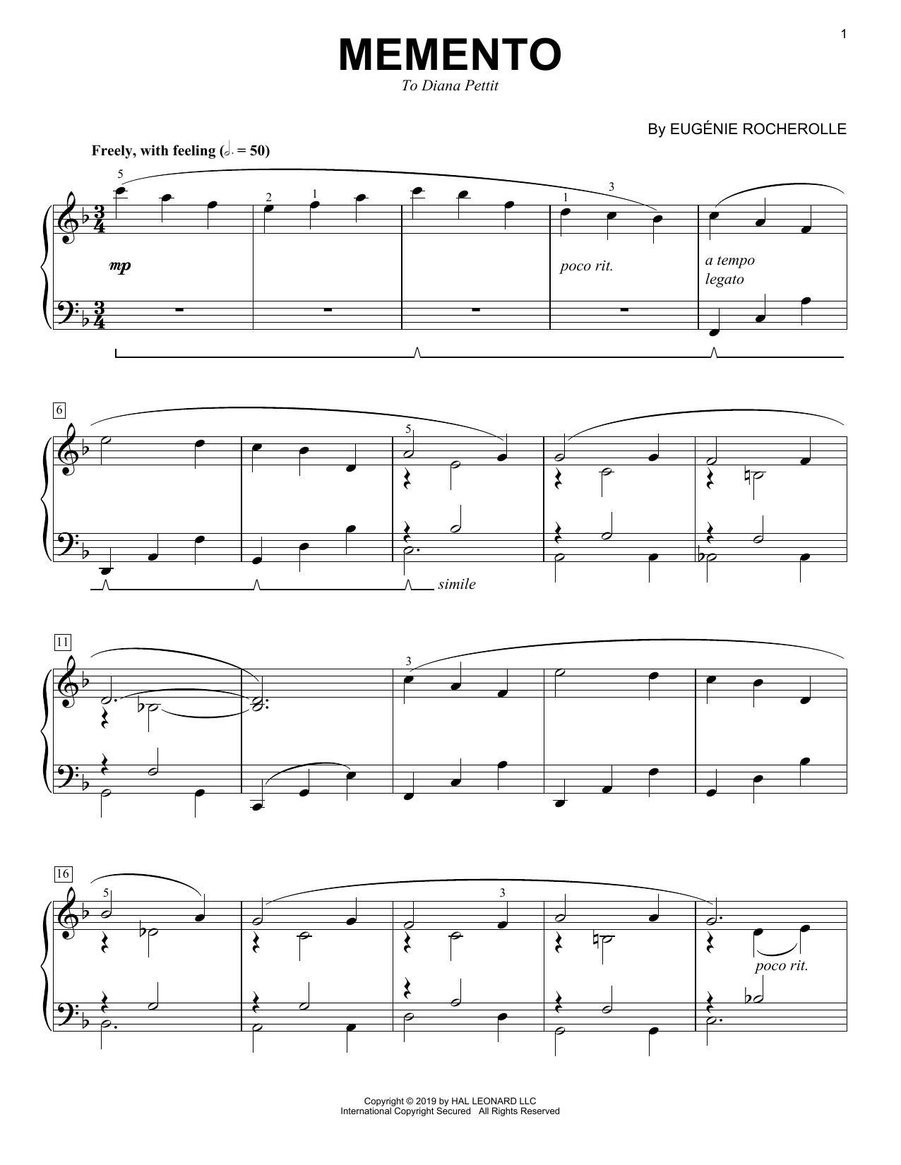 Eugénie Rocherolle Memento Sheet Music Notes & Chords for Piano Solo - Download or Print PDF