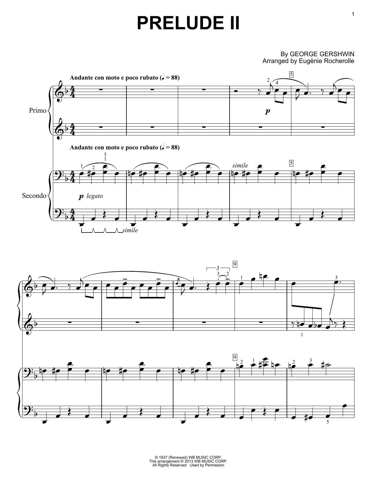 Eugénie Rocherolle Prelude II (Andante Con Moto E Poco Rubato) Sheet Music Notes & Chords for Piano Duet - Download or Print PDF