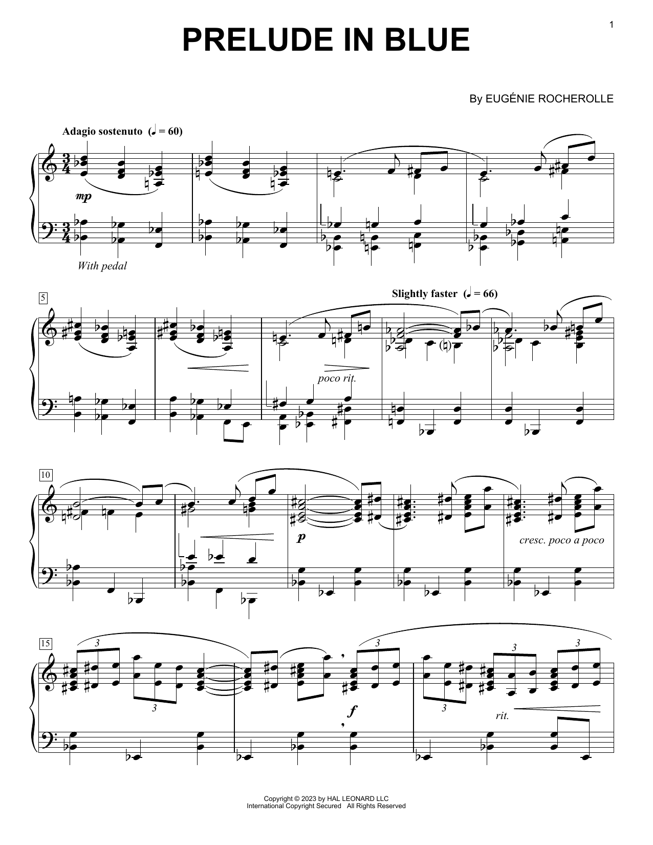 Eugénie Rocherolle Prelude In Blue Sheet Music Notes & Chords for Piano Solo - Download or Print PDF